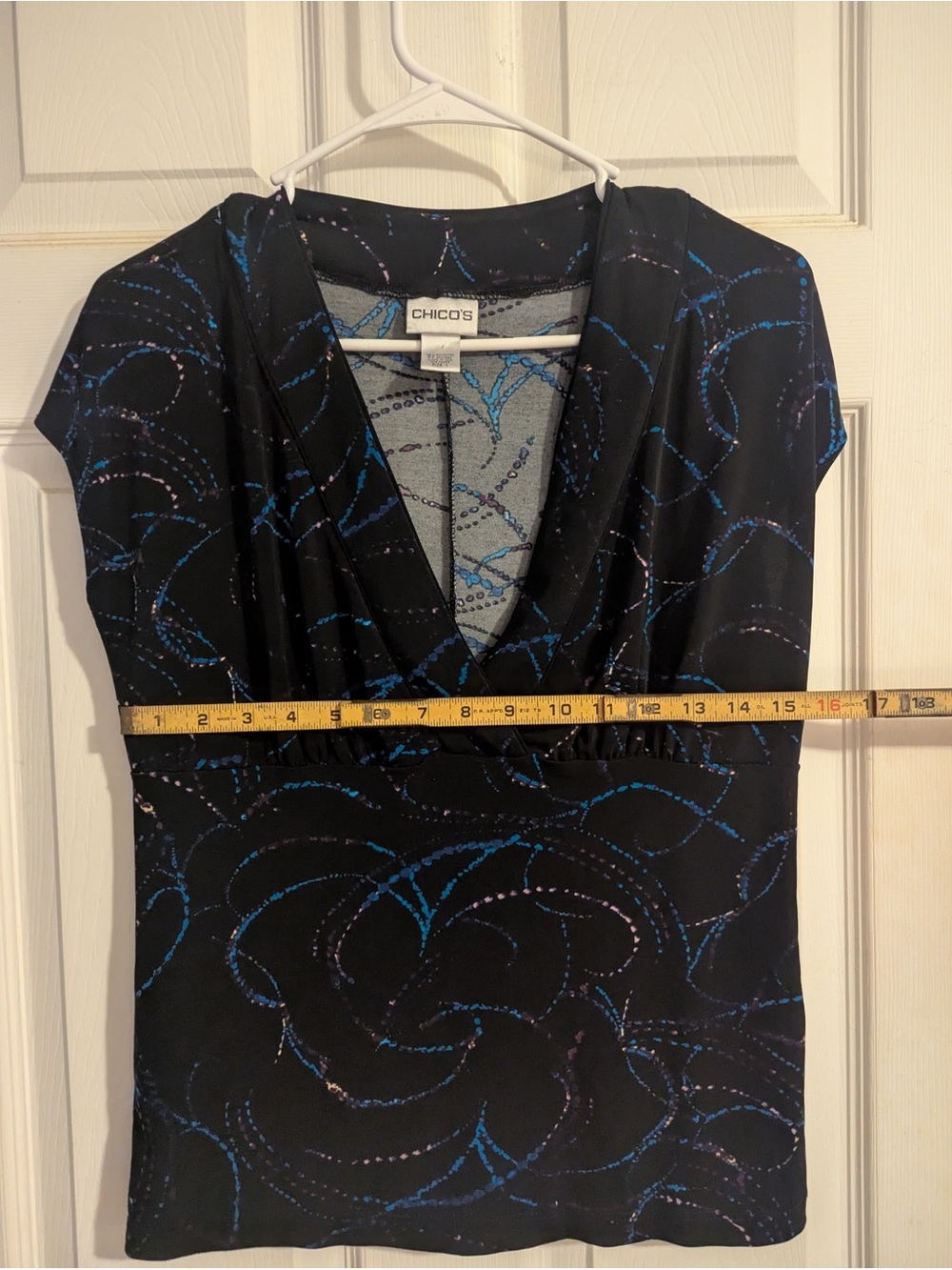Chico's Black Top with Blue & Purple Swirl Print